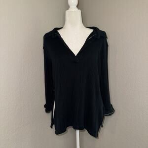 We The Free Black Annie Free People Ribbed Collared Top Navy Blue Women's Size S